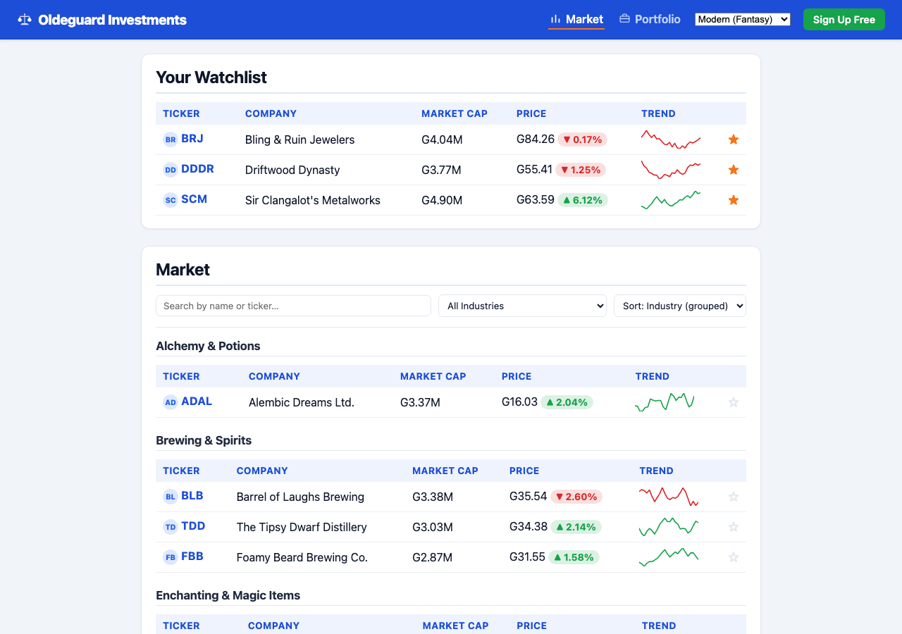 Screenshot of the Portals market page in the Modern (Fantasy) theme